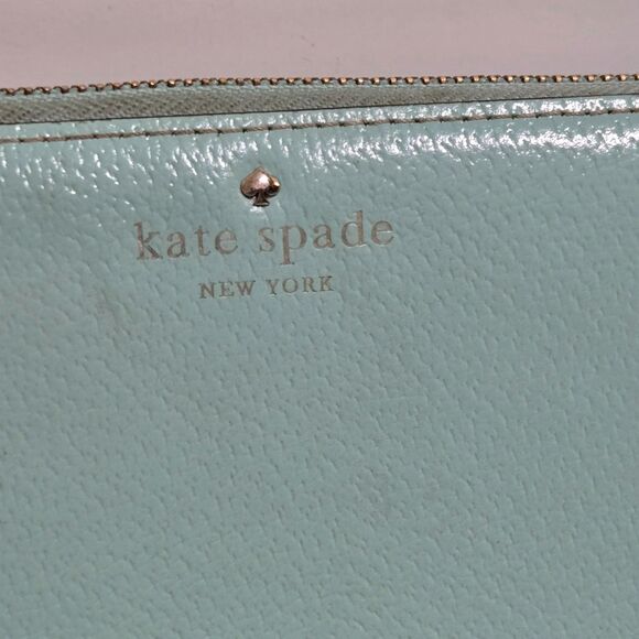 Kate Spade Spencer Zip Around Wallet Turquoise Robins egg Blue Cow Leather Gold - Picture 2 of 12